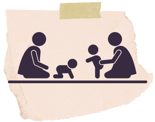 Two adult figure facing one another, one with a crawling baby figure and one with a standing baby figure